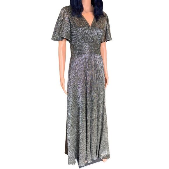 NWT Betsy & Adam Black Silver Metallic V Neck Flutter Sleeve Gown Dress - Picture 4 of 7